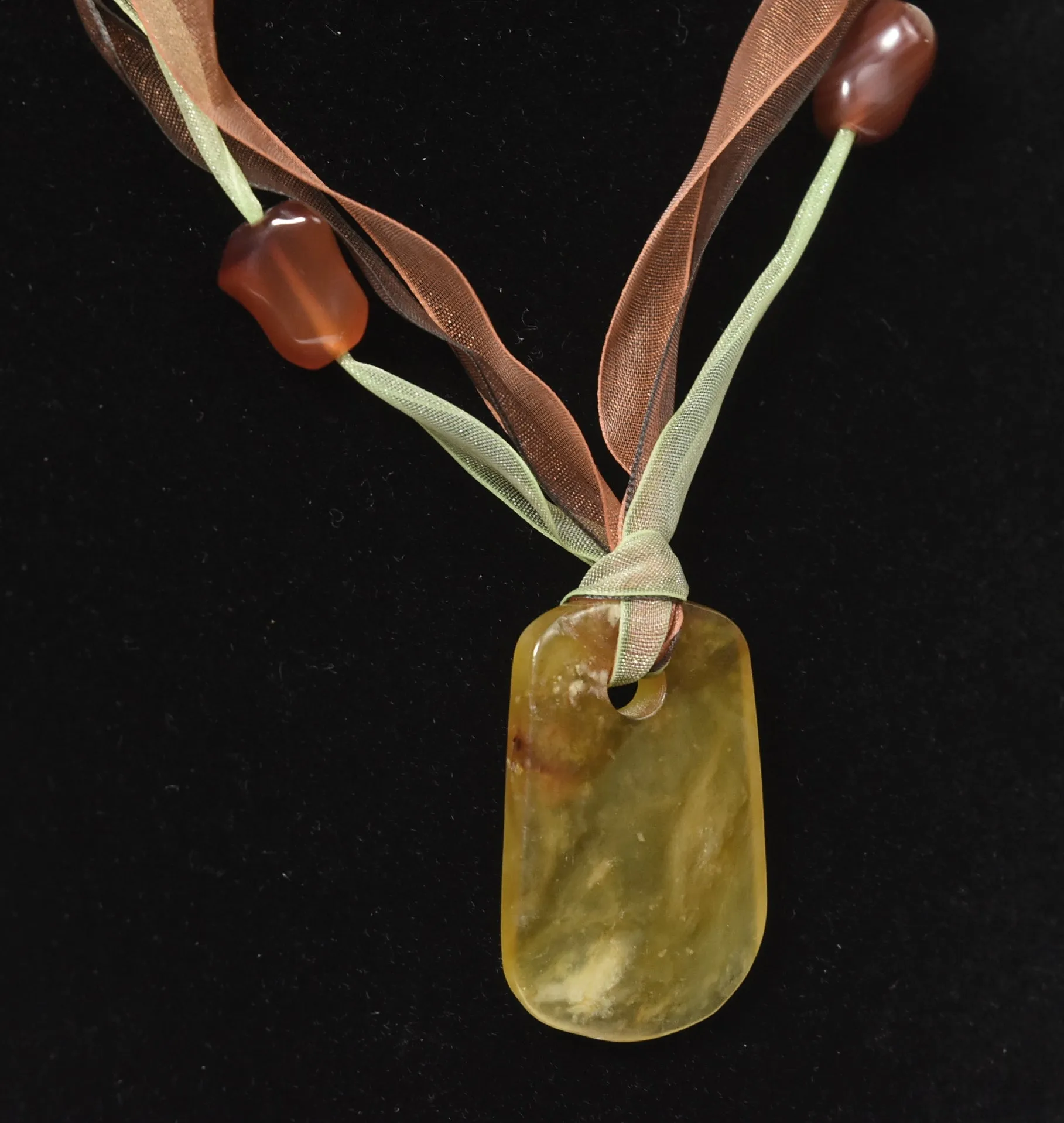Yellow Jade, Citrine, Carnelian, Red Coral Pendant Ribbon Necklace