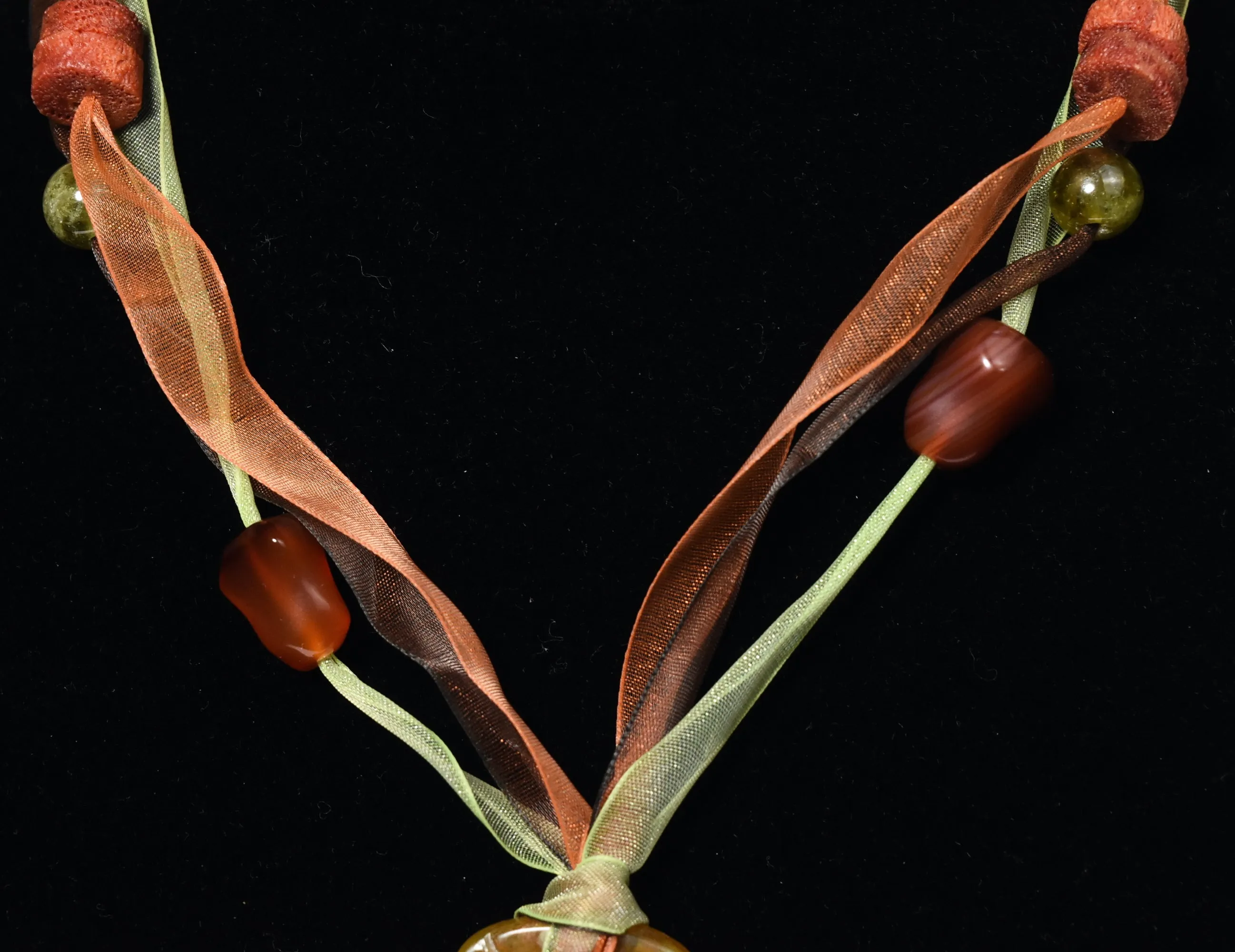 Yellow Jade, Citrine, Carnelian, Red Coral Pendant Ribbon Necklace