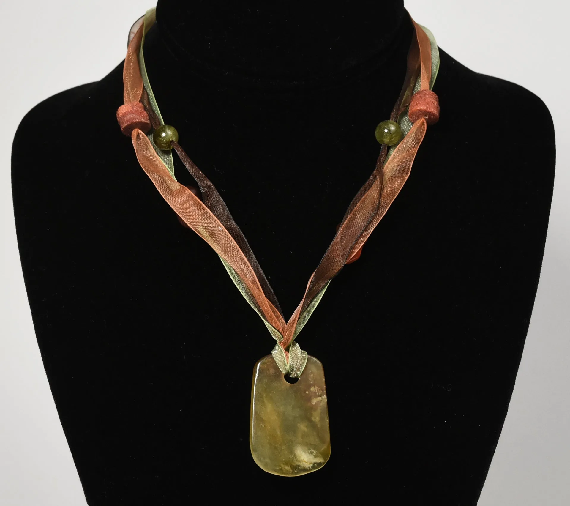 Yellow Jade, Citrine, Carnelian, Red Coral Pendant Ribbon Necklace