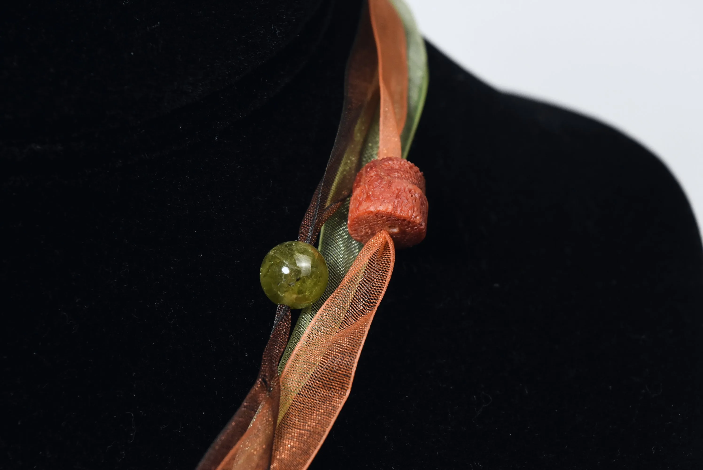 Yellow Jade, Citrine, Carnelian, Red Coral Pendant Ribbon Necklace