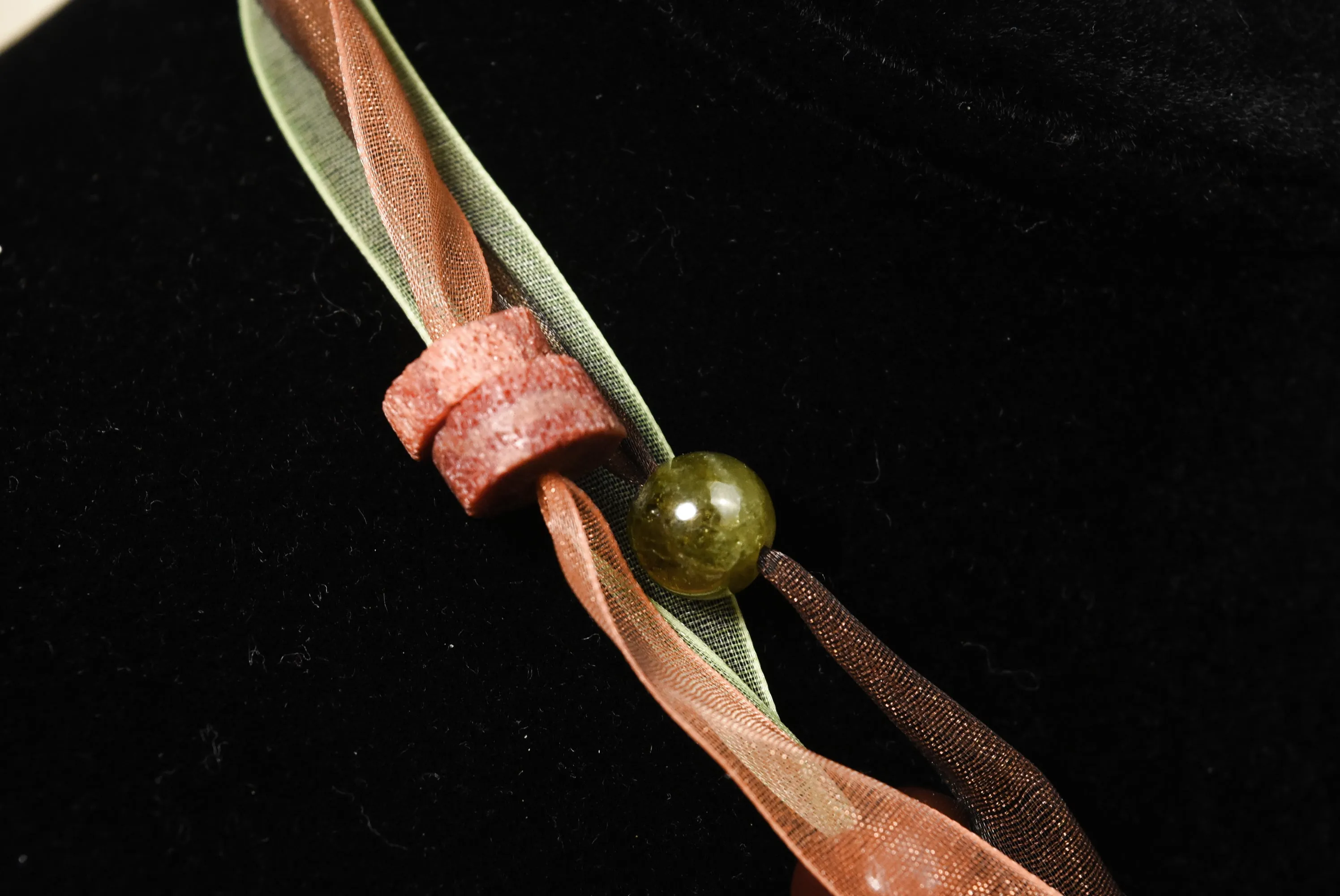 Yellow Jade, Citrine, Carnelian, Red Coral Pendant Ribbon Necklace