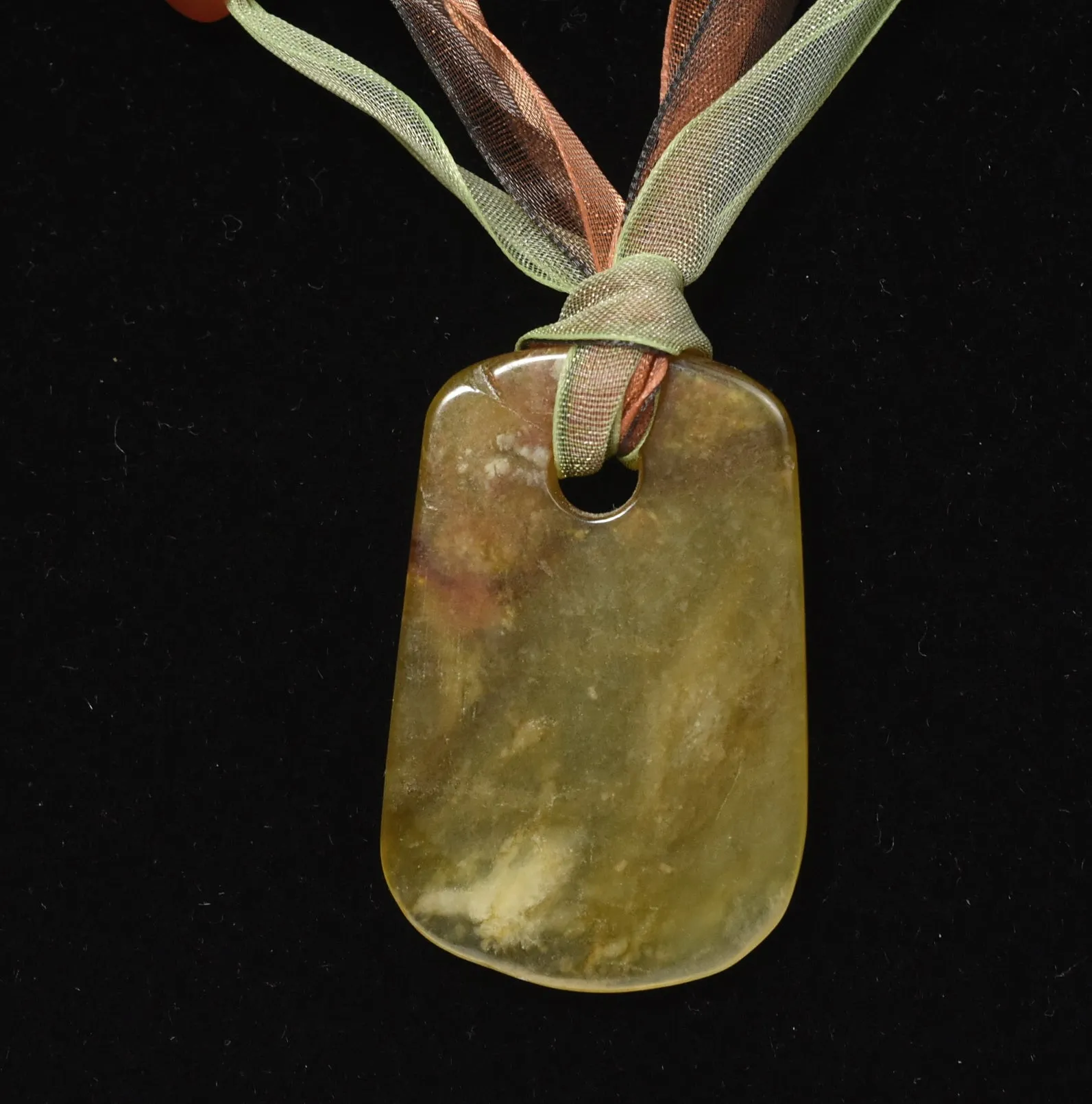 Yellow Jade, Citrine, Carnelian, Red Coral Pendant Ribbon Necklace