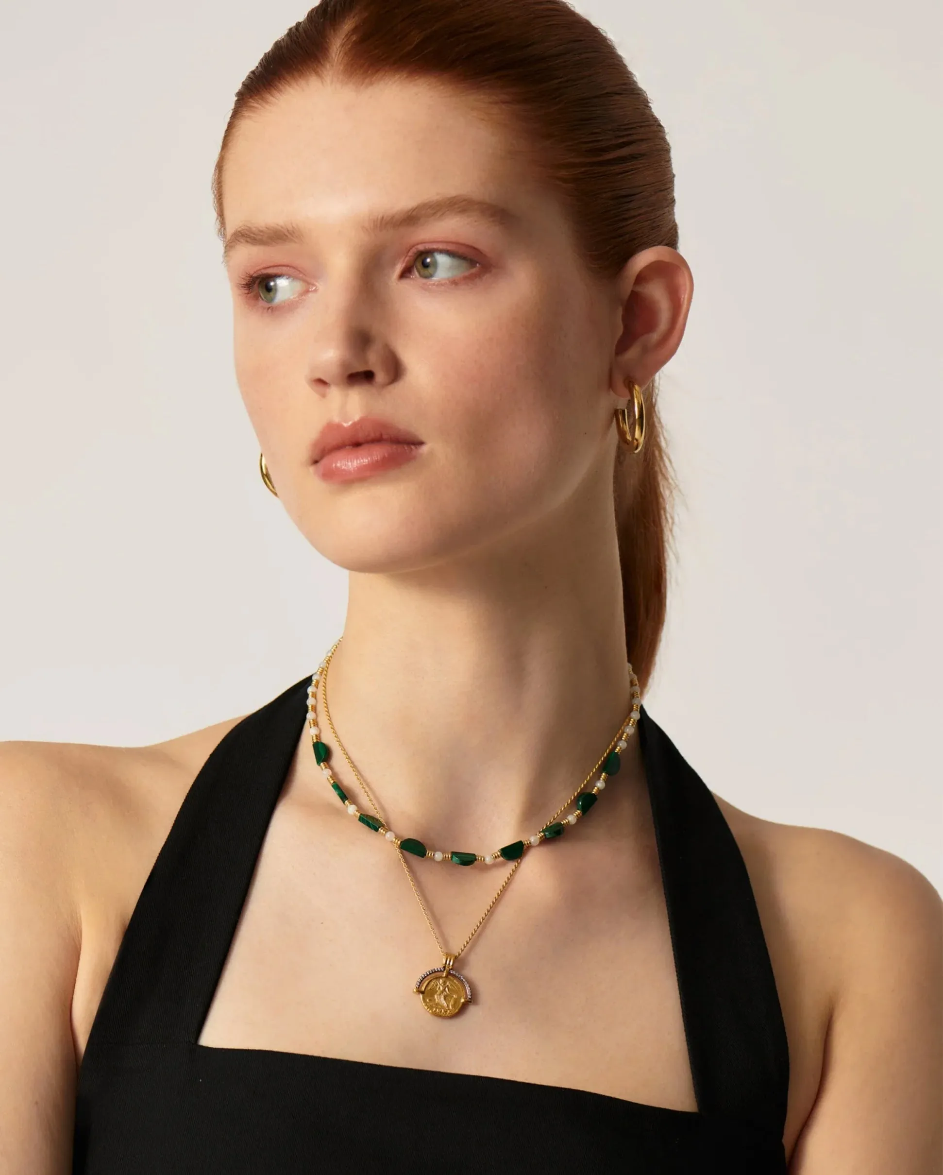 ZENYU GREEN BEADED HALF MOON NECKLACE / GOLD