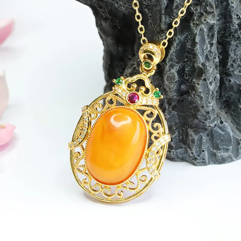 Zircon Hollow Sterling Silver Necklace with Honey Wax Amber Pendant